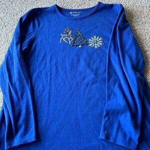 Blue Christmas Shirt Women’s Size L – Reindeer, Snowflake & Tree Design
